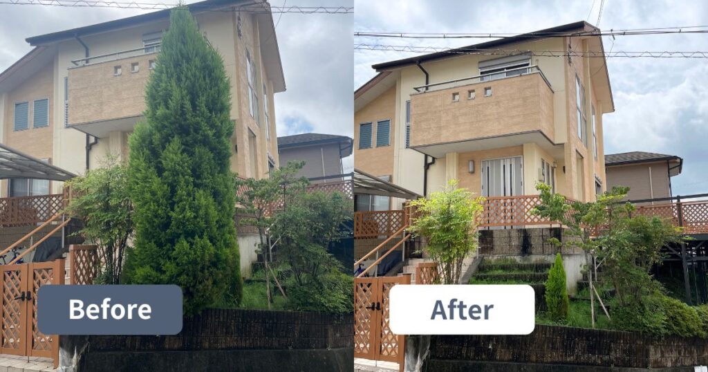 成長しすぎたシンボルツリーを伐採して安心のお庭に｜奈良県奈良市