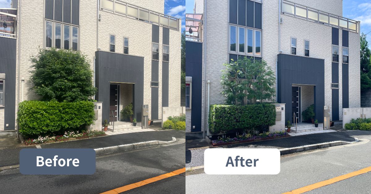 自然な樹形を取り戻す剪定と、季節の花の植え替え｜大阪府東大阪市